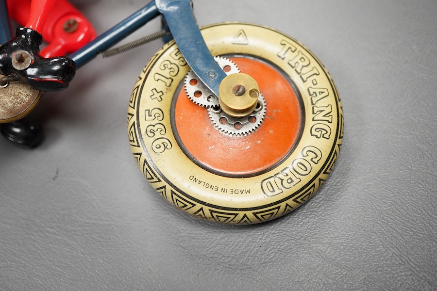 An early boxed Tri-ang Gyro-Cycle, with a gyroscope contained within the front wheel of the bicycle, providing power to the toy, template bicycle with celluloid rider, the box with original inner card holder and a sealed